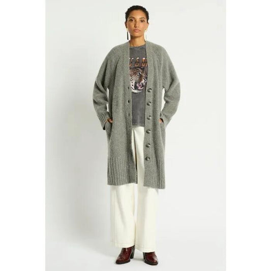 Image of a model wearing Outerwear. Productname: Halo Knit Cardi in MID GREY colour by brand - sass and bide