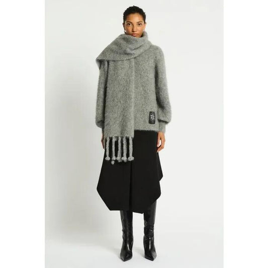 Image of a model wearing Outerwear. Productname: Secret Knit Jumper in Charcoal colour by brand - sass and bide