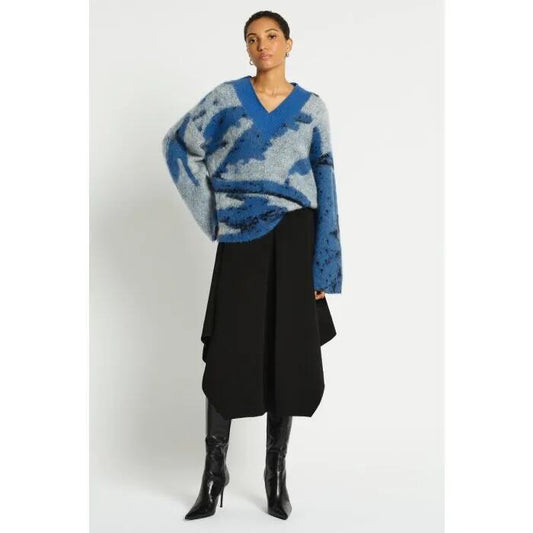 Image of a model wearing Outerwear. Productname: Metamorphic Knit Jumper in BLUE JACQUARD colour by brand - sass and bide