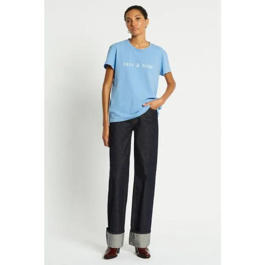 Image of a model wearing Tops. Productname: The Classics Tee in CORNFLOWER colour by brand - sass and bide