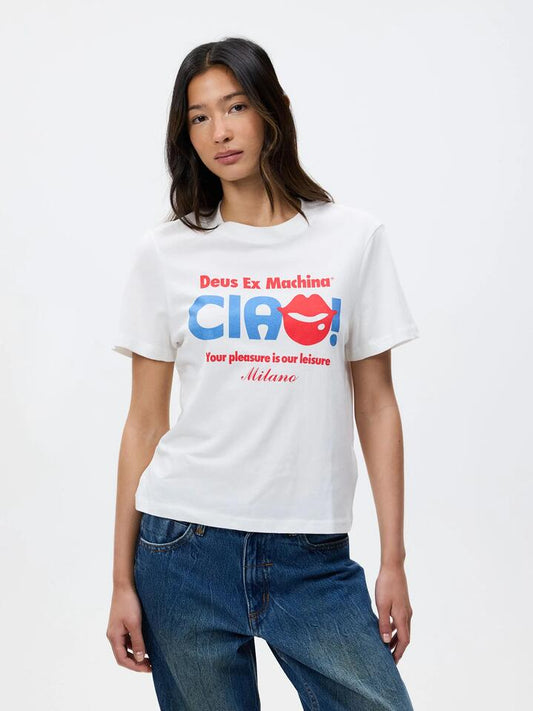 Image of a model wearing Tops. Productname: Deus Mutual Appreciation Tee in Vintage White colour by brand - Deus