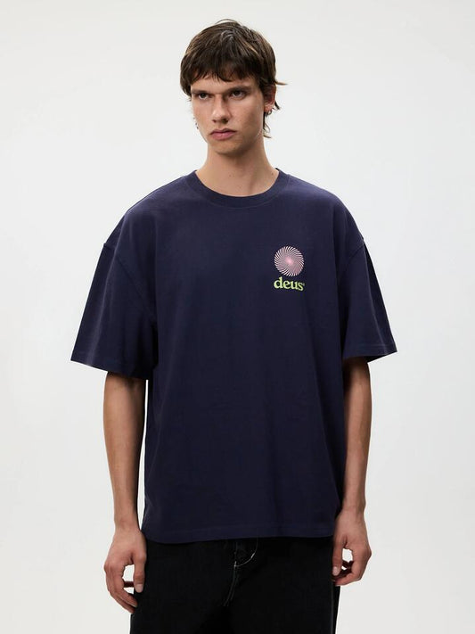 Image of a model wearing Tops. Productname: Deus Strata Tee in Navy colour by brand - Deus