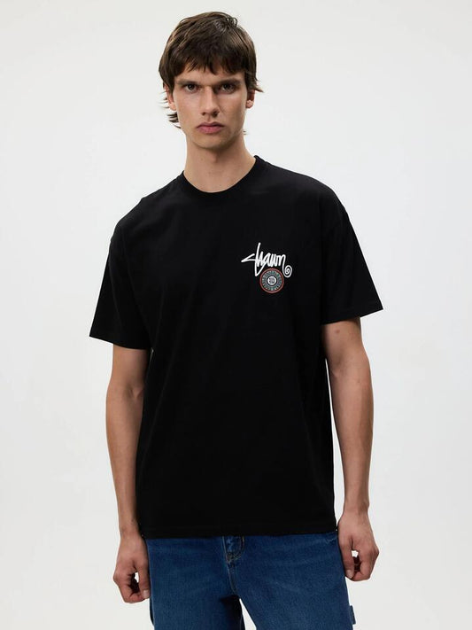 Image of a model wearing Tops. Productname: S-Double Tack Dot SS Tee in WASHED BLACK colour by brand - S-Double