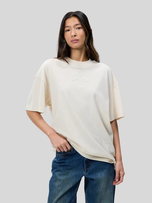 Image of a model wearing Tops. Productname: Ksubi Sott Boyfriend SS Tee in DESERT colour by brand - Ksubi