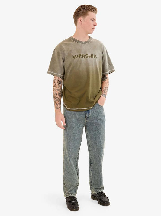 Image of a model wearing Denim. Productname: Worship Lounger Jean in HAZARD BLUE colour by brand - Worship