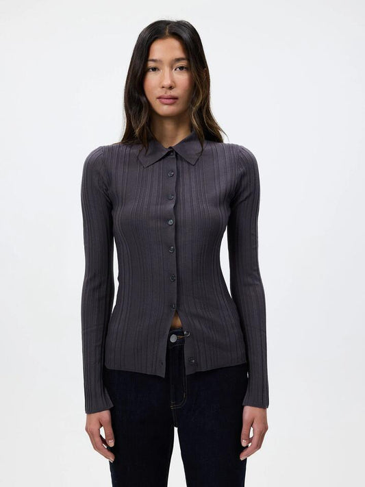 Image of a model wearing Tops. Productname: Lulu & Rose Leonie Button Up Knit Top in Coal colour by brand - Lulu & Rose