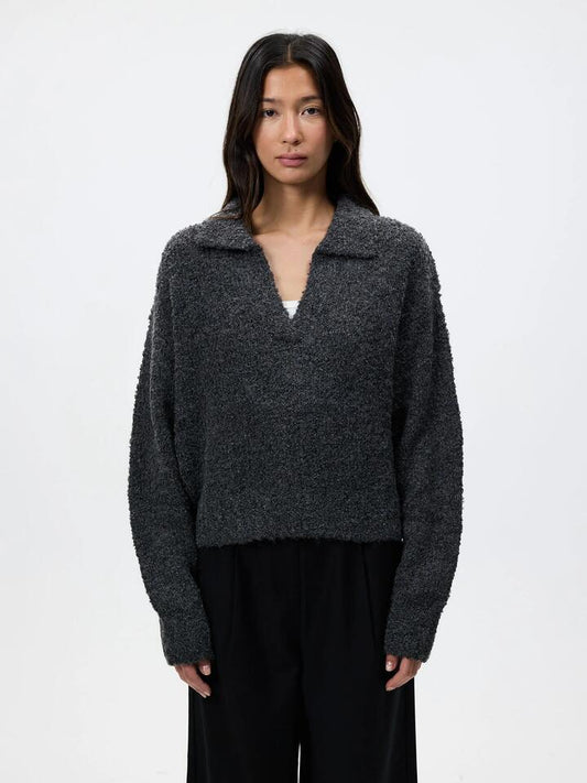 Image of a model wearing Tops. Productname: Lulu & Rose Evie Rugby Knit in Coal colour by brand - Lulu & Rose