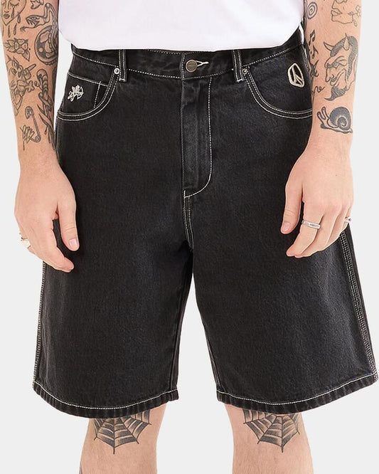 Image of a model wearing Shorts. Productname: Worship - Mens Chico Big Dawg Denim Shorts - Phantom - in Phantom colour by brand - Worship