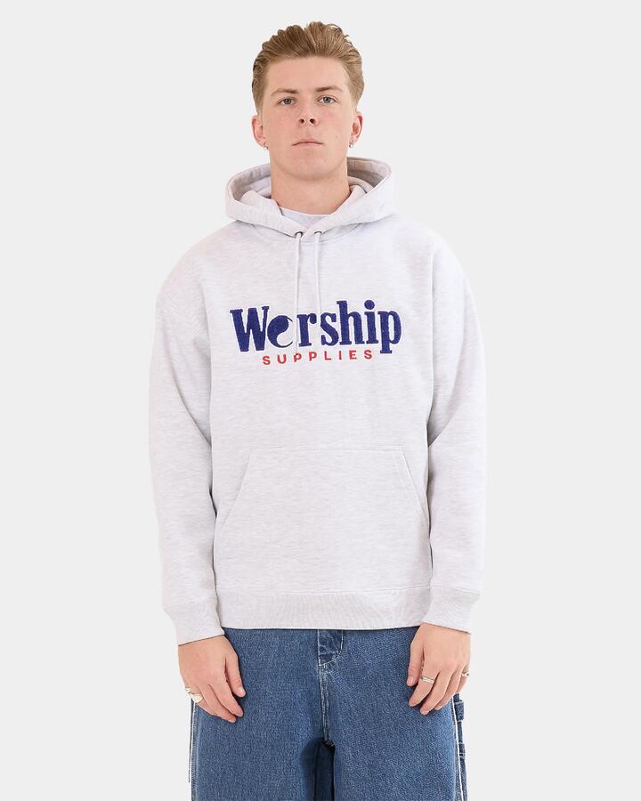 Image of a model wearing Outerwear. Product name - Worship Mens Smoko Fleece Pullover Hoodie Snow Marle in Snow Marle colour by brand - Worship