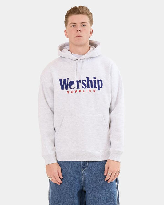 Image of a model wearing Outerwear. Product name - Worship Mens Smoko Fleece Pullover Hoodie Snow Marle in Snow Marle colour by brand - Worship