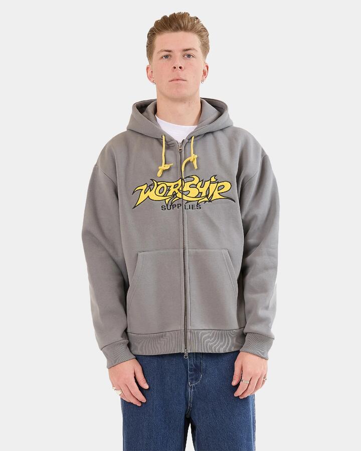 Image of a model wearing Outerwear. Productname: Worship - Mens Vanity Zip Up Hoodie - Steel Grey - in Steel Grey colour by brand - Worship