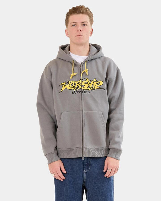 Image of a model wearing Outerwear. Productname: Worship - Mens Vanity Zip Up Hoodie - Steel Grey - in Steel Grey colour by brand - Worship