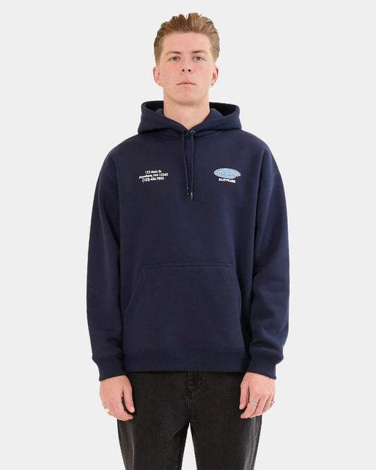 Image of a model wearing Outerwear. Productname: Worship Mens Observer Pullover Hoodie Peacoat - in Peacoat colour by brand - Worship