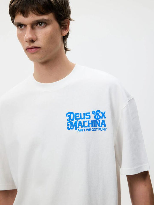 Image of a model wearing Tops. Productname: Deus Treehuggin Tee in VINTAGE WHITE colour by brand - Deus