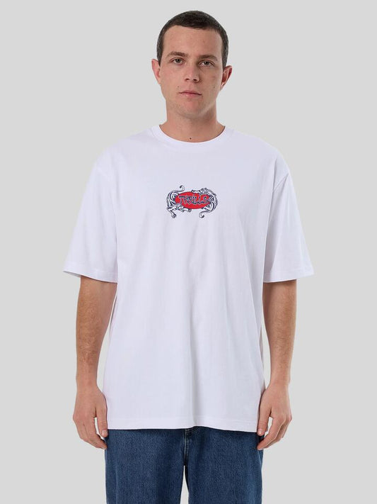 Image of a model wearing Tops. Productname: Thrills Decisions Oversize Fit Tee in WHITE colour by brand - Thrills