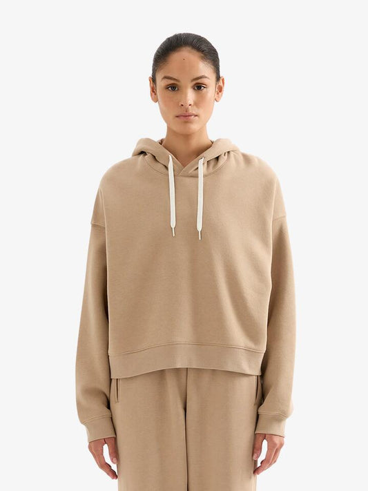 Image of a model wearing Outerwear. Productname: Nude Lucy Carter Classic Hoodie in Mocha colour by brand - Nude Lucy