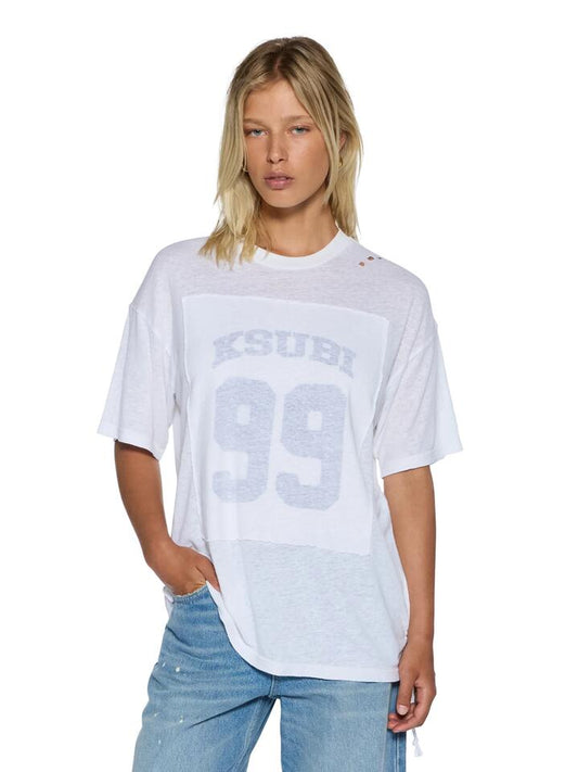 Image of a model wearing Tops. Productname: Ksubi 99 Oh G Tee Slub Tee in White colour by brand - Ksubi