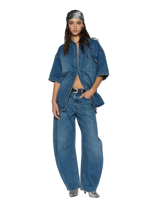 Image of a model wearing Denim. Productname: Ksubi Barrel Jean in AGED colour by brand - Ksubi