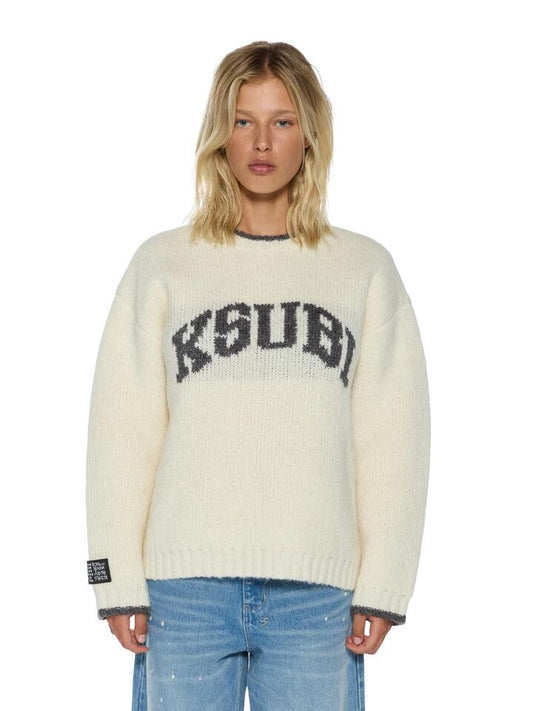 Image of a model wearing Outerwear. Productname: Ksubi Moment Sweater in OFF WHITE colour by brand - Ksubi