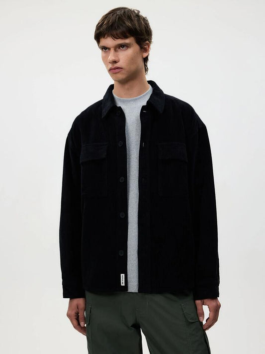 Image of a model wearing Outerwear. Productname: Article One Hunter Cord Overshirt in Charcoal colour by brand - Article One
