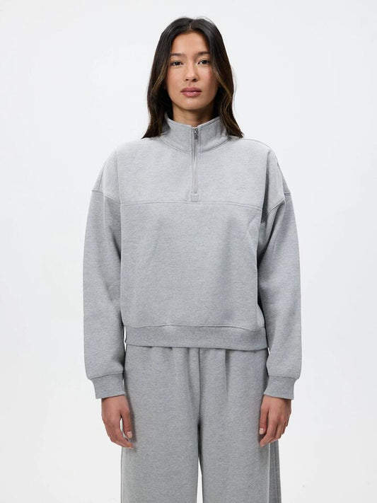 Image of a model wearing Outerwear. Productname: MSE Half Zip Sweatshirt in Grey Marle colour by brand - MSE