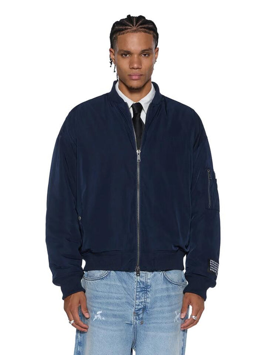 Image of a model wearing Outerwear. Productname: Ksubi Intruder Bomber in NAVY colour by brand - Ksubi