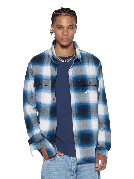 Image of a model wearing Outerwear. Productname: Ksubi Rosebowl LS Shirt Jacket in SALTED BLUE colour by brand - Ksubi