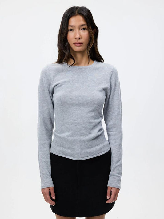 Image of a model wearing Tops. Productname: MSE Long Sleeve Knit Top in Silver colour by brand - MSE