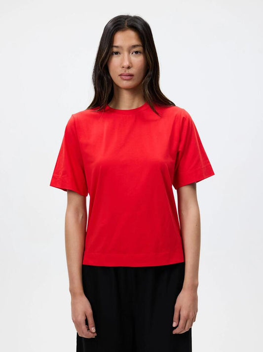 Image of a model wearing Tops. Productname: MSE Draped Tee in Flame colour by brand - MSE