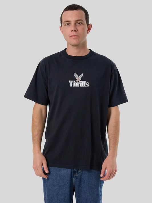 Image of a model wearing Tops. Productname: Thrills Strength and Glory Merch Fit Tee in TWIGHLIGHT BLACK colour by brand - Thrills