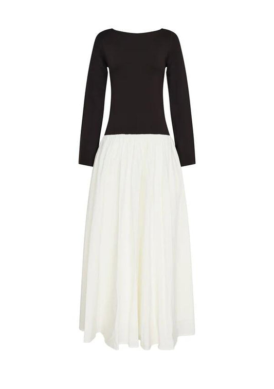 Image of a model wearing Dress. Productname: Nicolette Midi Dress in Cocoa and Chalk colour by brand - MOS The Label