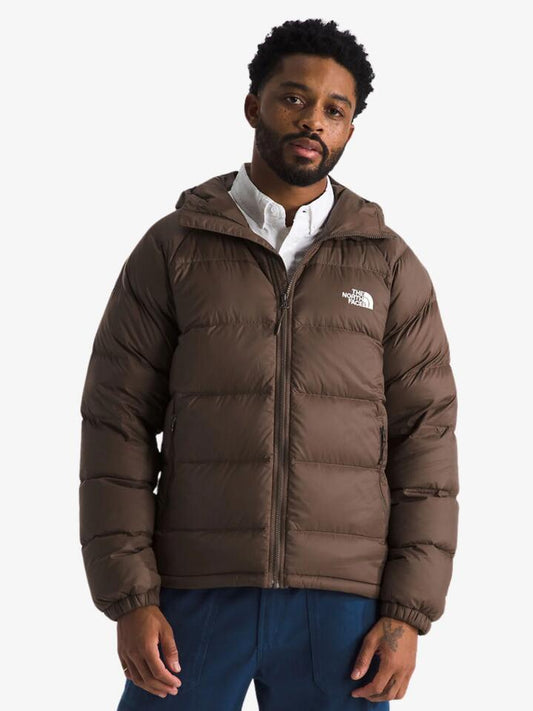 Image of a model wearing Outerwear. Productname: The North Face Mens Hydrelanite Down Hoodie in Smokey Brown colour by brand - The North Face