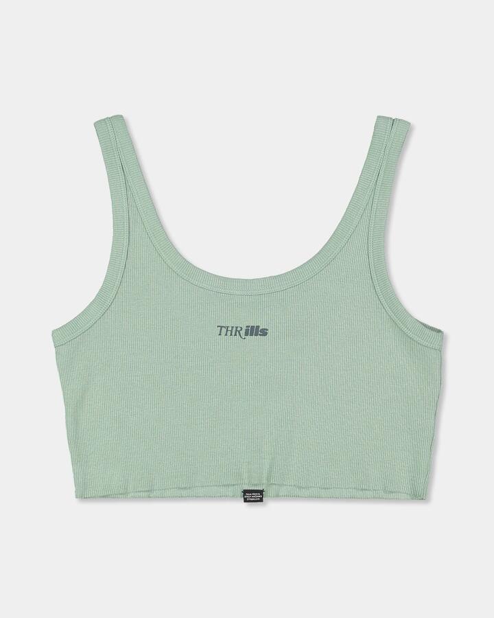 Image of a model wearing Tops. Product name - Thrills Womens Two Minds Retro Crop Tank Top Jadeite in Jadeite colour by brand - Thrills