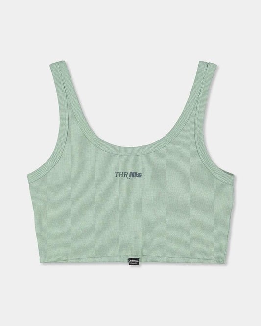 Image of a model wearing Tops. Product name - Thrills Womens Two Minds Retro Crop Tank Top Jadeite in Jadeite colour by brand - Thrills