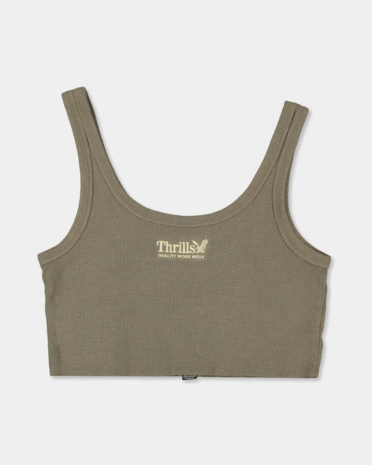Image of a model wearing Uniforms & Workwear. Productname: Thrills - Womens Thrills Workwear Retro Crop Tank Top - Tarmac - in Tarmac colour by brand - Thrills
