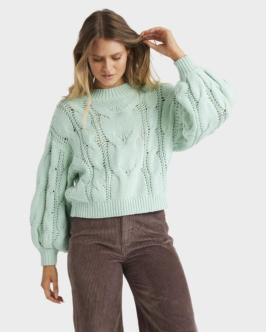 Image of a model wearing Outerwear. Productname: Billabong - Womens Bayside Knitted Jumper - Meadow Mist - in Meadow Mist colour by brand - Billabong