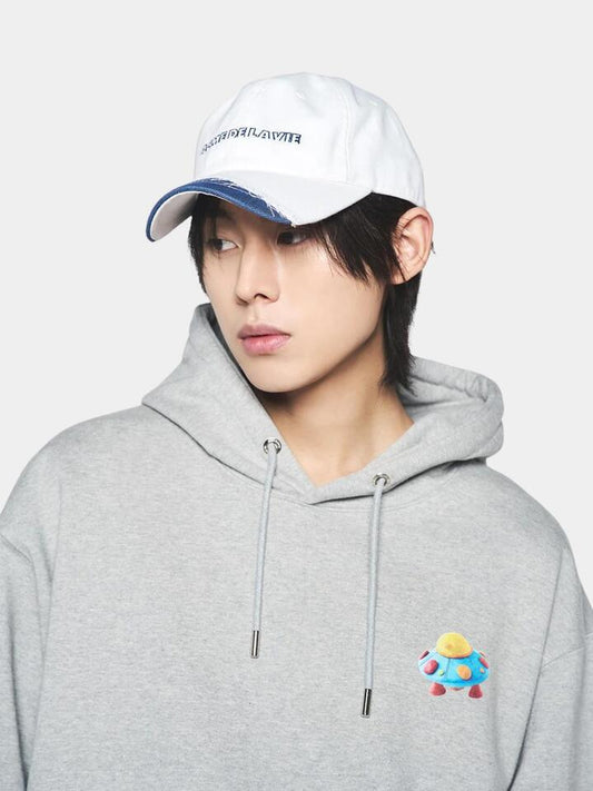 Image of a model wearing Denim. Productname: ADLV Damage Washing Denim Ball Cap ONE SIZE White in White colour by brand - ADLV