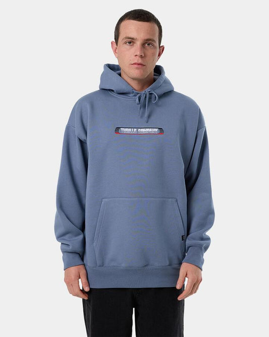 Image of a model wearing Outerwear. Productname: Thrills - Mens Paid In Full Slouch Pullover Hoodie - Rustic Blue - in Rustic Blue colour by brand - Thrills