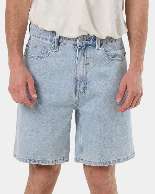 Image of a model wearing Shorts. Productname: Thrills - Mens Slacker Denim Shorts - Shadow Blue - in Shadow Blue colour by brand - Thrills