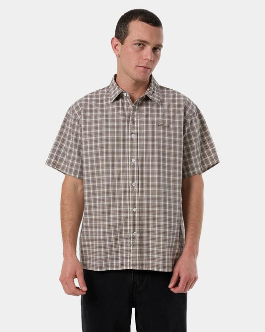 Image of a model wearing Tops. Productname: Thrills - Mens Adorned Check Short Sleeve Shirt - Java - in Java colour by brand - Thrills
