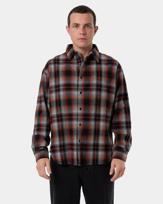 Image of a model wearing Tops. Productname: Thrills - Mens Barrio Flannel Long Sleeve Shirt - Black - in Black colour by brand - Thrills