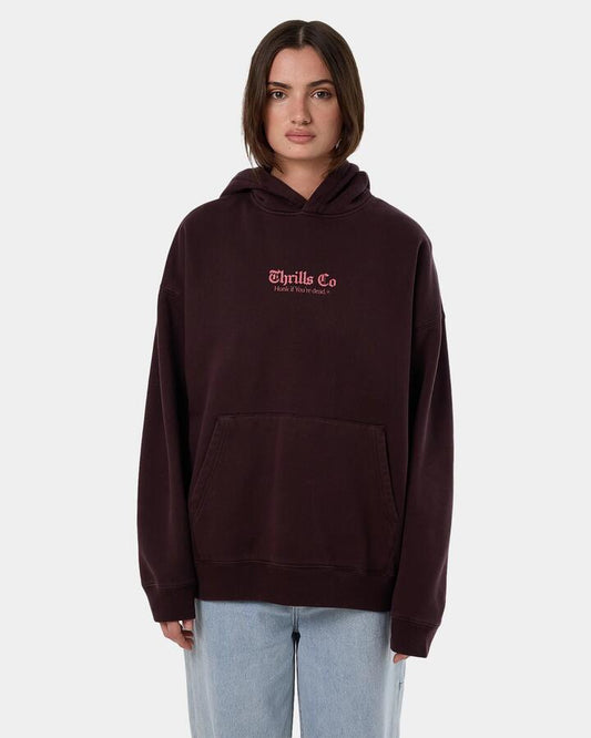 Image of a model wearing Outerwear. Productname: Thrills - Womens Lighten Up Cocoon Panel Pullover Hoodie - Deep Plum - in Deep Plum colour by brand - Thrills