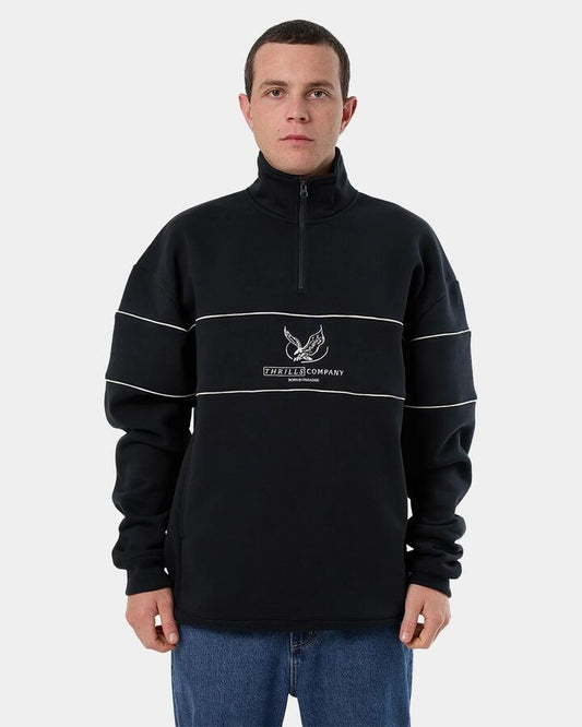 Image of a model wearing Outerwear. Productname: Thrills - Mens Glory Quarter Zip Fleece Jumper - Washed Black - in Washed Black colour by brand - Thrills