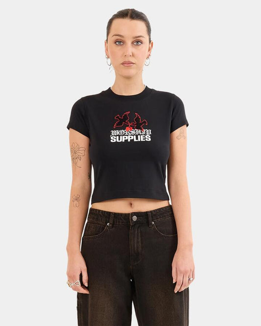 Image of T-Shirts. Product name - Worship Womens Love Birds Teeny T-Shirt Black in Black colour by brand - Worship