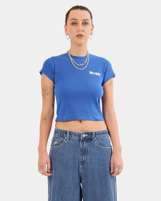 Image of T-Shirts. Product name - Worship Womens Smoko Teeny T-Shirt Cobalt in Cobalt colour by brand - Worship