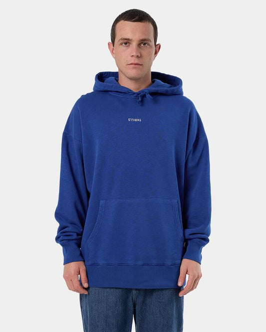 Image of a model wearing Outerwear. Productname: Thrills - Mens Minimal Thrills Slouch Pullover Hoodie - New Royal - in New Royal colour by brand - Thrills