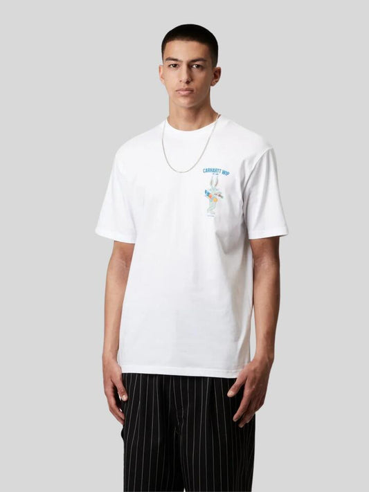Image of a model wearing Tops. Productname: Carhartt Wip S/S Old Friend T-Shirt in White colour by brand - Carhartt Wip