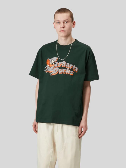 Image of a model wearing Tops. Productname: Carhartt Wip S/S Flaming Ducks T-Shirt in Conifer colour by brand - Carhartt Wip