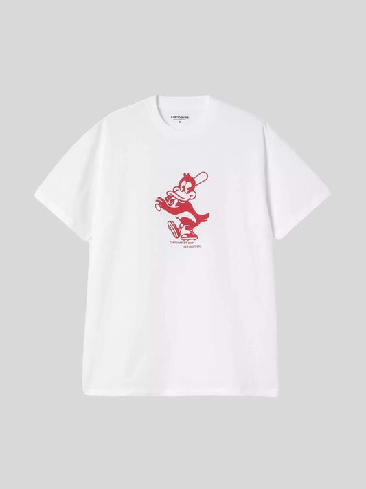 Image of a model wearing Tops. Productname: Carhartt Wip S/S Home Run T-Shirt in White colour by brand - Carhartt Wip