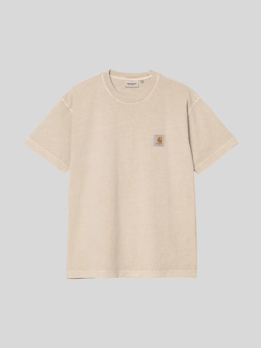 Image of a model wearing Tops. Productname: Carhartt Wip S/S Nelson T-Shirt in Fleur De Sel colour by brand - Carhartt Wip